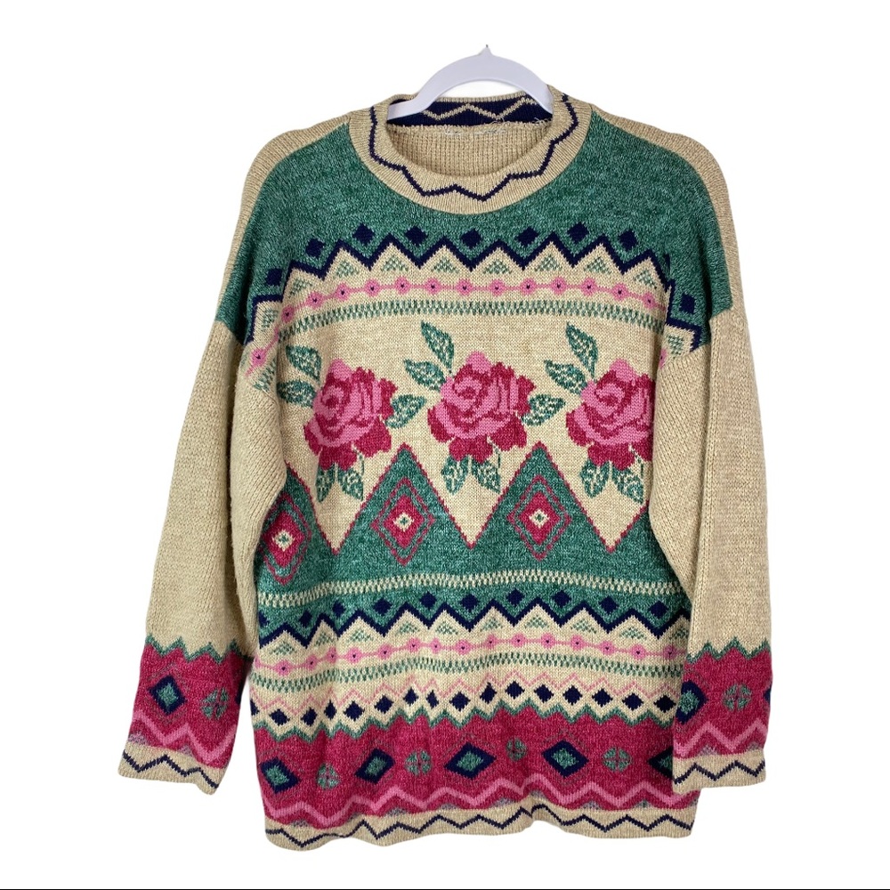 VTG Grandma Sweater Floral Rose Fair Isle Cashmere Pink Green Beige